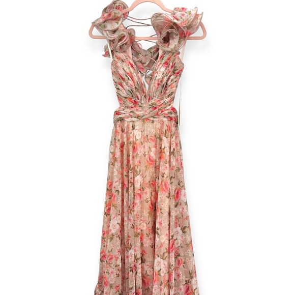 Mac Duggal NEW Ruffle Tiered Cut-Out Lace-up Chiffon‎ Floral Gown $598 - Size 4 - Picture 5 of 16